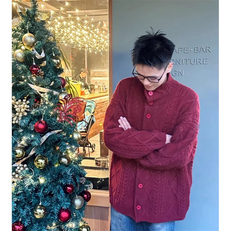 现货MY29-P88韩系麻花形高领红色毛衣,男装针织衫/毛衣,星座1501-3