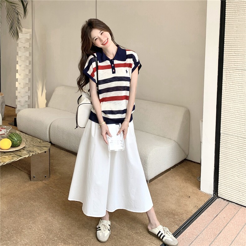 夏季新款减龄休闲短袖套装气质显瘦拼接中长款裙子两件套女装,女装套装/套裙,维壹
