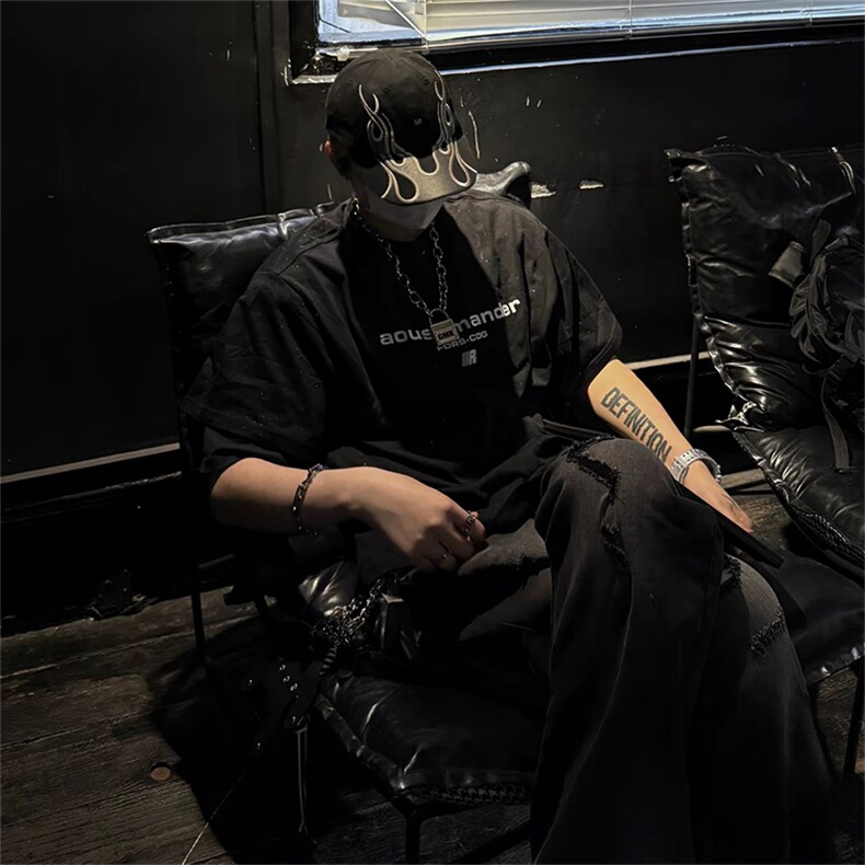 抖音得物供货现货美式潮美式满天星亮片潮牌宽松印花T恤AMTX01,男装T恤,电商A443