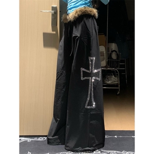 银莲YINLIAN 美式复古烫钻十字架毛领可拆卸阔腿宽松裤百搭男女图片
