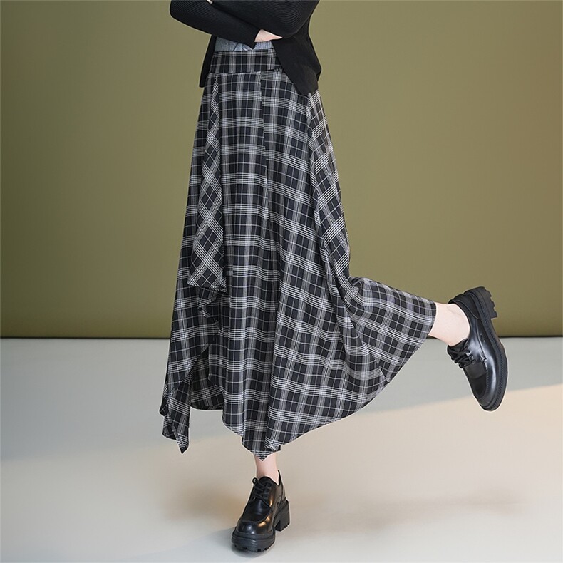 不规则格子半身裙女秋季2025新款高腰显瘦中长款气质百搭A字伞裙，女装半身裙，艾米