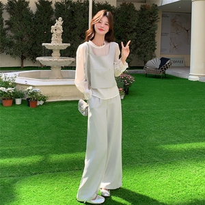 气质高级感马甲套装女2025春夏新款盐系独特漂亮衬衫阔腿裤三件套图片