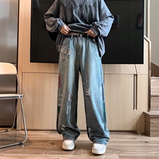 美式高街牛仔裤男韩版潮流涂鸦2025秋冬新款ins阔腿裤RK1036-P45，男装牛仔裤，星座412