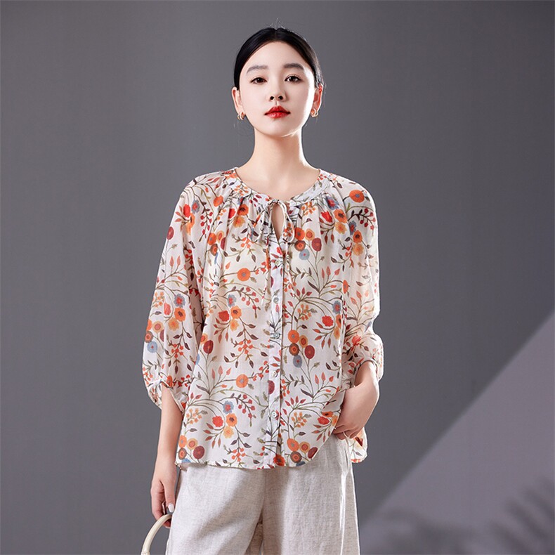 碎花中袖上衣女七分袖高端2025夏季宽松版减龄衬衫轻薄天丝防晒衣,女装衬衫,靓衣阁