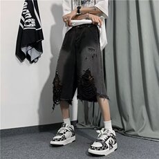 美式街头破洞牛仔裤男直筒宽松欧美高街vibe风短裤N01637-P40，男装牛仔裤，星座308B-1