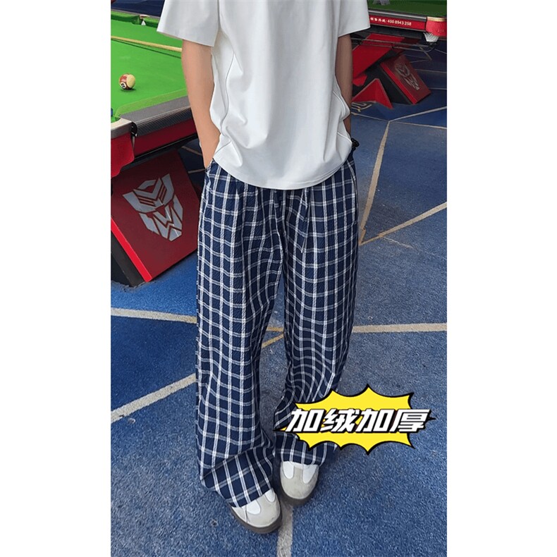 美式高街潮牌男女泡泡格子休闲裤直筒宽松慵懒显瘦阔腿休闲长裤子,男装休闲裤,电商A486