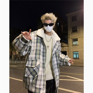 复古外套男秋冬季羊羔毛棉服加绒加厚小香风宽松格子棉衣潮 M8029图片