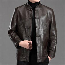 MJ-7001秋季男士休闲立领皮夹克中老年爸爸装唐装PU皮外套P110，男装皮衣，电商B360