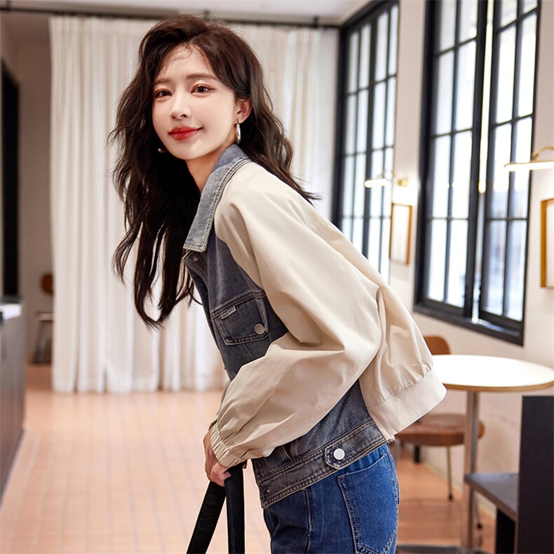 甜美文艺宽松休闲牛仔拼接外套女2024早春新款百搭短外套,女装短外套,韩蜜菓