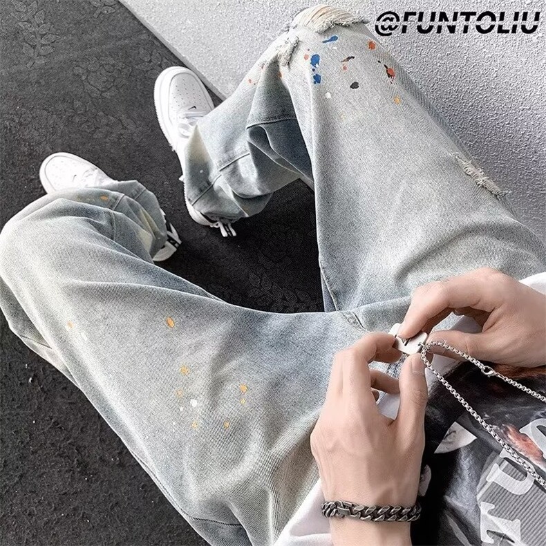 复古裤子高街ins水洗破洞牛仔裤男不规则设计感乞丐裤NS666,男装牛仔裤,星座1116A-1（原606A）