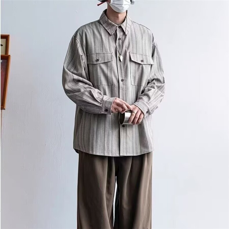 春秋季日系套装复古竖条纹长袖衬衫男女学院风宽松休闲叠穿衬衣,男装休闲套装,星座506A