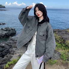 现货：冬装新款复古韩系撞色毛呢羽绒服2C135-8927P285K428，女装羽绒服，2C135
