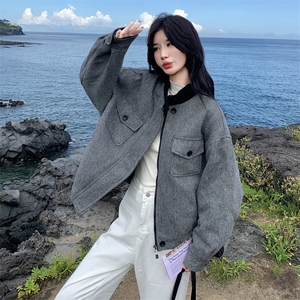 现货：冬装新款复古韩系撞色毛呢羽绒服2C135-8927P285K428图片