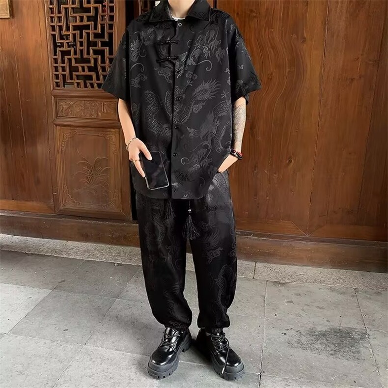 新中式风套装男龙纹衬衫短袖裤子2025新款男装 XZ212-QTZ02-P65图片