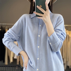 时尚百搭女士条纹衬衫安迪绒简约休闲长袖上衣高品质舒适面料，女装衬衫，质第工厂直营店