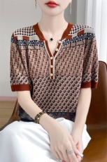 夏季新款莱赛尔天丝剪刀领提花短袖女宽松百搭显瘦时尚休闲上衣，女装针织衫/毛衣，暖娇绒