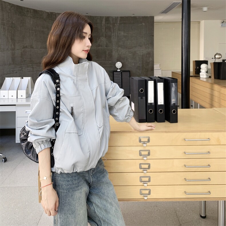 设计感立领皮衣外套女2025秋季新款复古宽松百搭小个子工装夹克潮,女装皮衣,2C056