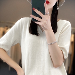 夏季新款100%纯棉拼色短袖t恤女假两件V领宽松棉麻针织衫半袖上衣图片