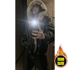 现货冬季美式潮牌痞帅PU皮机车服棉衣毛毛绒狼王座山雕皮棉服，男装棉衣，电商A443