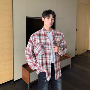 1506/Q3930/P41美式高街青春复古条纹格子款长短袖衬衫外套图片