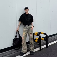 复古做旧破洞牛仔裤男女高街水洗做旧微喇裤子阔腿NA695-P45，男装牛仔裤，星座208-5