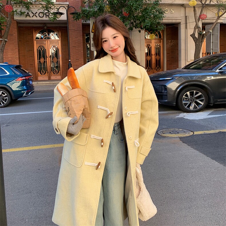韩版学院风鹅黄色长款毛呢大衣女2025秋冬季新款显瘦加厚呢子外套,女装毛呢外套,2C058