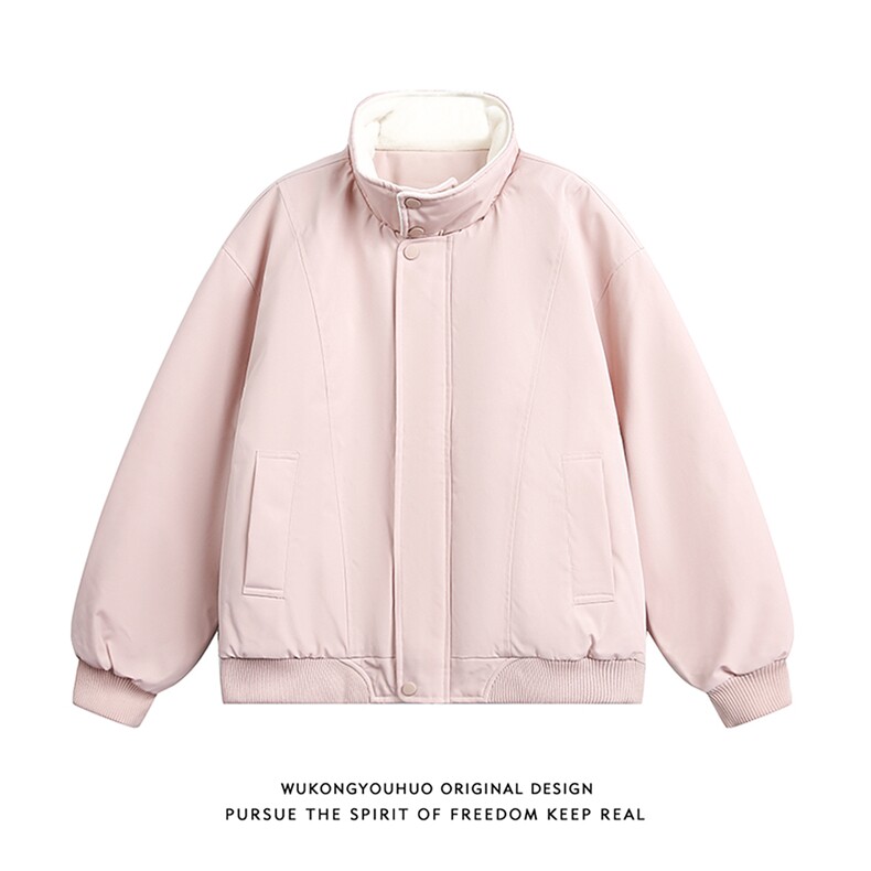 网图 羊羔毛毛领棉服派克服男女冬季2025新款立领工装棉衣外套P78图片