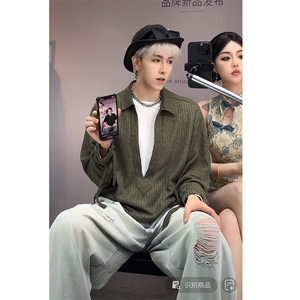 早秋高品网红假两件镂空长袖针织宽松衬衫男CS896-P68（网图参考图片