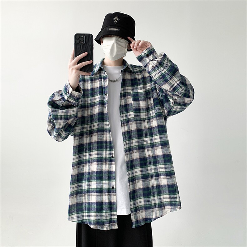 现货港风宽松男生格子长袖衬衫KD611-P4568,男装衬衫,电商D312-1
