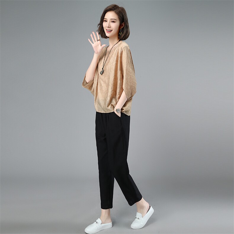 时尚套装女宽松夏季新品休闲减龄两件套气质蝙蝠衫，,女装套装/套裙,涵誉