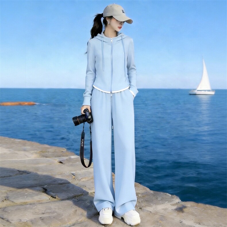 韩系运动休闲套装女春新款撞色拼接半拉链长袖卫衣阔腿长裤两件套,女装套装/套裙,江南