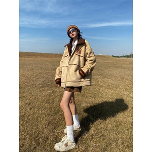 美式麂皮绒羊羔毛外套冬季新款潮牌加厚皮毛一体棉服JK8018