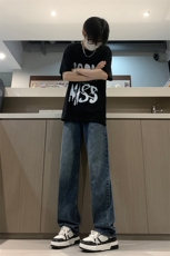 现货24春夏渐变复古蓝黑色宽松直筒阔腿牛仔裤男K5806-P50，男装牛仔裤，星座205