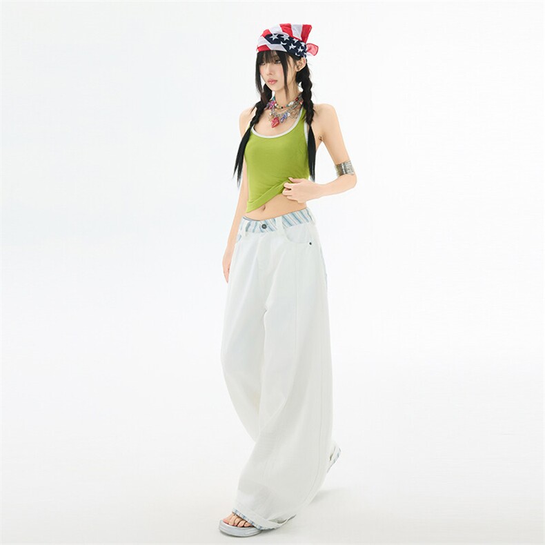 白色条纹拼接阔腿牛仔裤男女2026夏季宽松垂感拖地裤YD9025-P60,男装牛仔裤,星座509