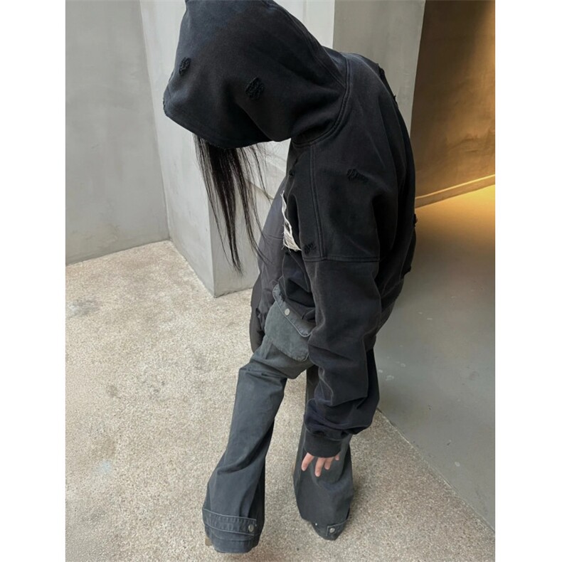 美式复古重磅水洗做旧贴布连帽卫衣男女秋冬宽松cleanfit高街外套,女装短外套,星座506A