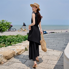 方领不规则假两件连衣裙女中长款2025春季超仙棉麻无袖背心长裙，女装连衣裙，难舍钰依