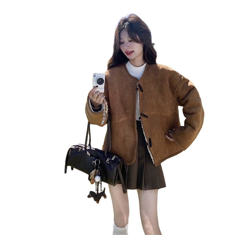 韩系复古牛角扣皮毛一体两面穿外套女秋冬2025新款加厚麂皮绒夹克,女装短外套,2C325