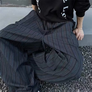 现货竖条纹弯刀阔腿香蕉裤松弛感穿搭慵懒风复古休闲拖地裤 网图图片
