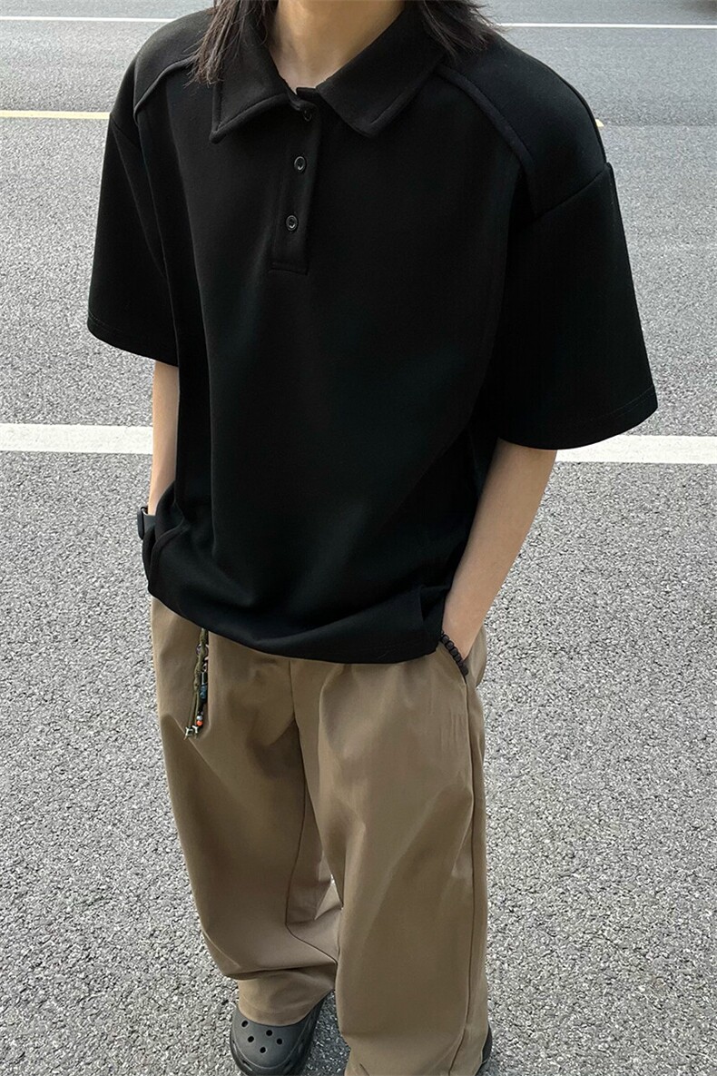 黑色polo衫短袖男款夏季美式翻领t恤高级感重磅硬挺健身运动半袖,男装Polo衫,电商A233-1