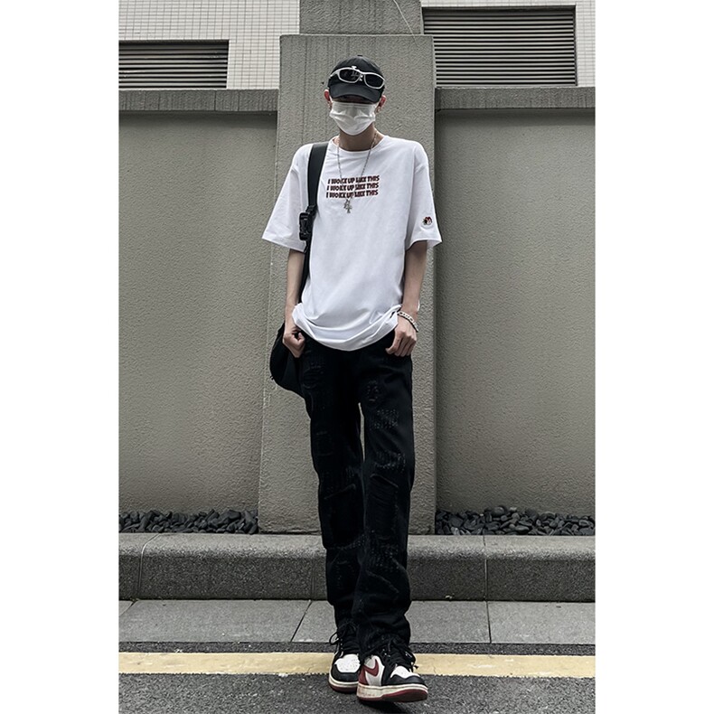 B221美式ins高街小众假破洞修身微喇牛仔裤LK22065-P65控88,男装牛仔裤,电商B221