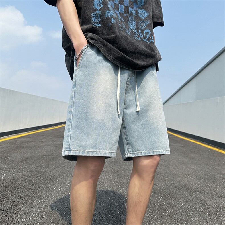 松紧抽绳牛仔短裤男春夏款潮流后袋麦标设计感休闲裤D28#-P38,男装牛仔裤,电商A178