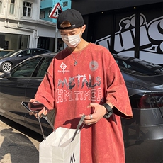B239-1182-P38创意字母印花美式复古水洗做旧落肩袖短袖T恤，男装T恤，星座514-2(原B239)