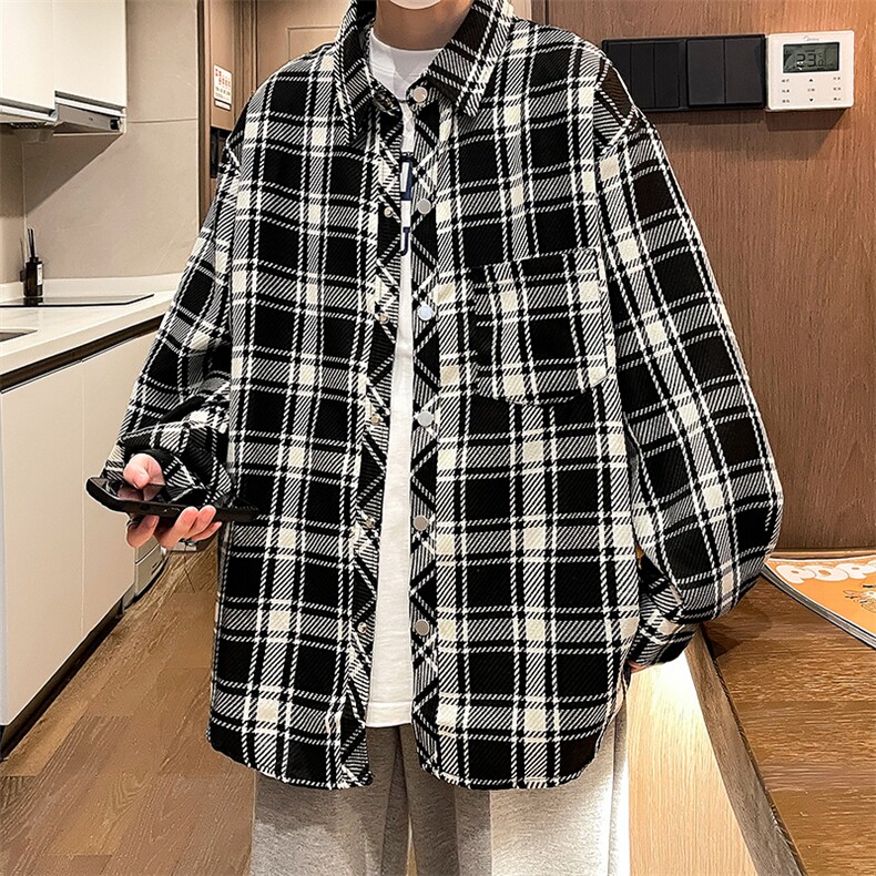 控价89港风格子衬衫宽松外套男女衬衣百搭格子外套CS2409 P50图片