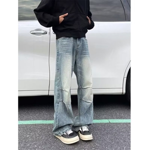 高街水洗褶皱弯刀牛仔裤男美式宽松设计感直筒阔腿裤N7090-P55图片