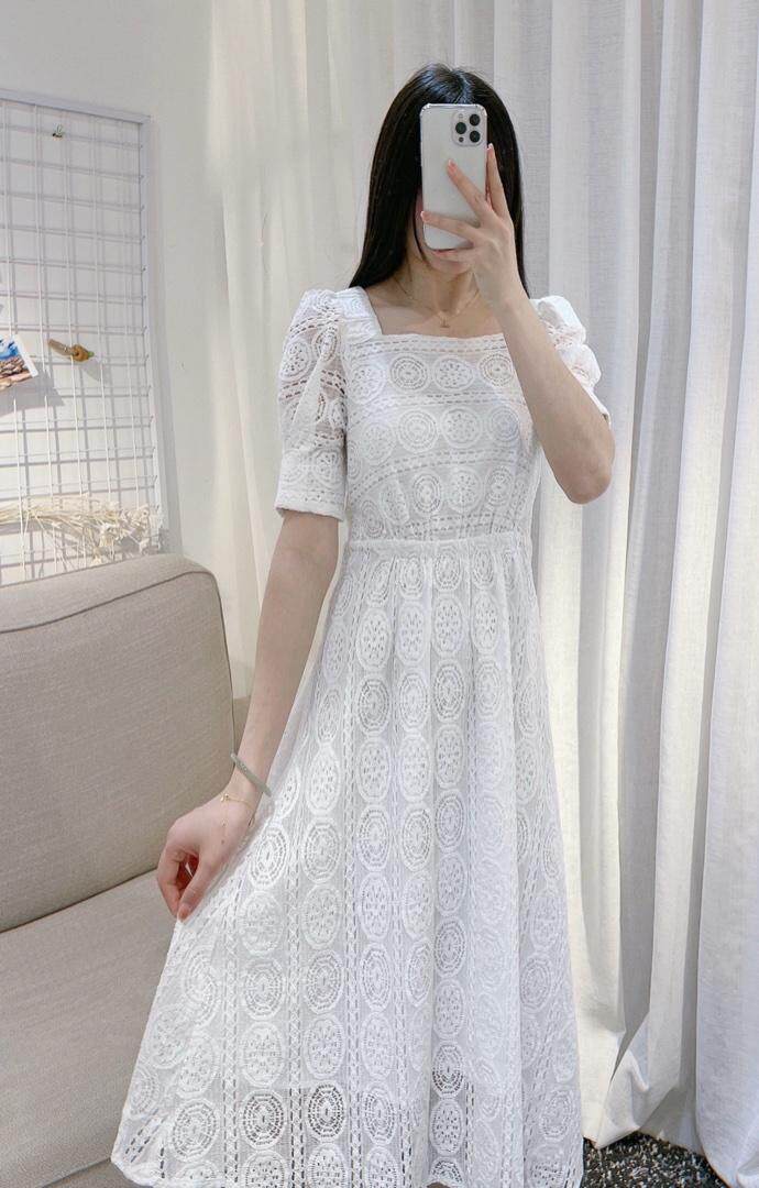 DINOBIENS【现货】夏季新款定制方领蕾丝连衣裙，女装连衣裙，迪诺比亚