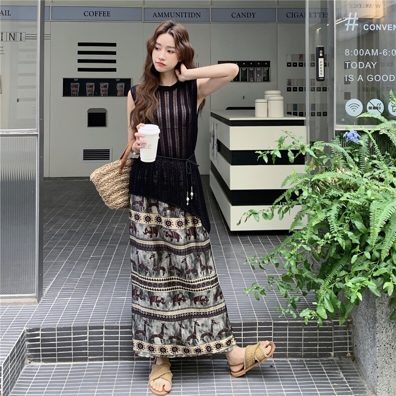 民族风半身裙镂空罩衫套装女2025年夏季新款设计感小众洋气两件套，女装套装/套裙，维壹