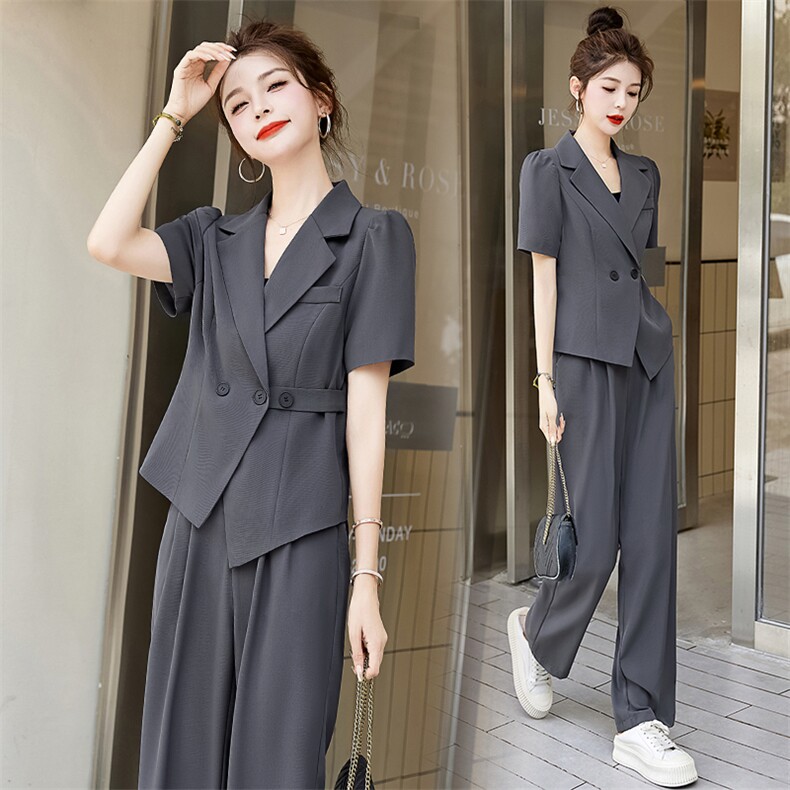 春装2025年新款超火时尚西装套装女夏季休闲高端短袖阔腿裤两件套，女装套装/套裙，雅佳俏