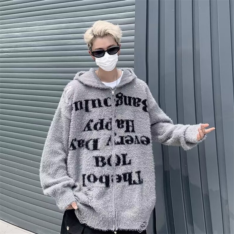 美式复古高街破洞连帽针织衫毛衣外套M6511P60,男装针织衫/毛衣,星座1116-2