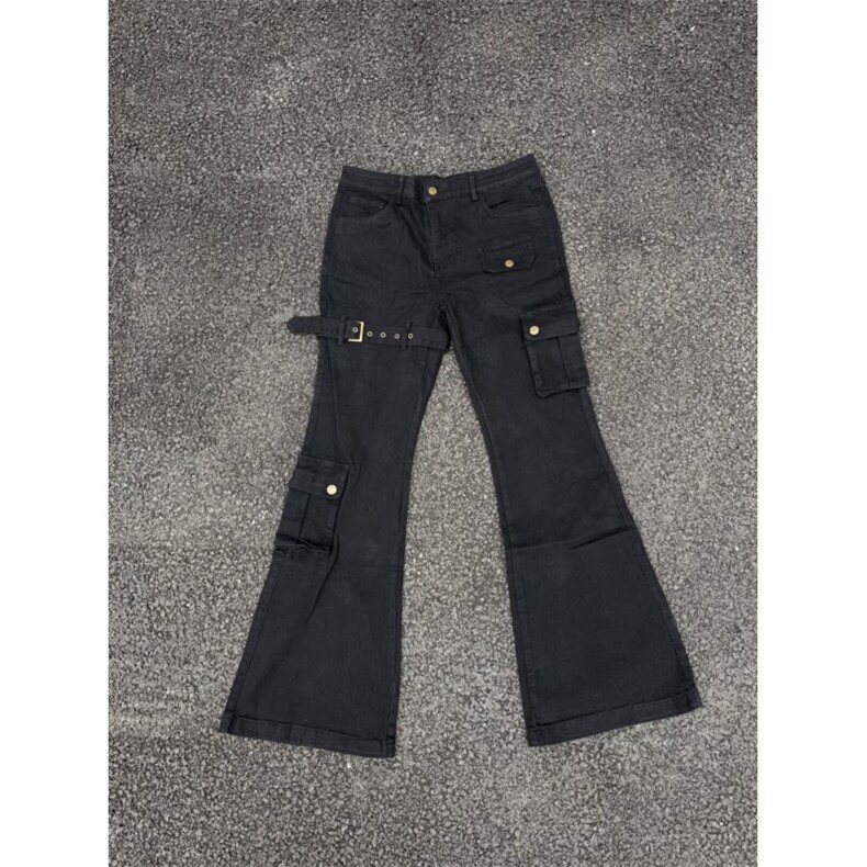 皮带拼绑带设计感水洗黑色微喇长裤修身显高休闲裤K71136-P52网图，女装牛仔裤，电商B245