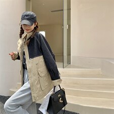 现货主推牛仔拼色时尚中长款外套，女装风衣，菡迪欧娜